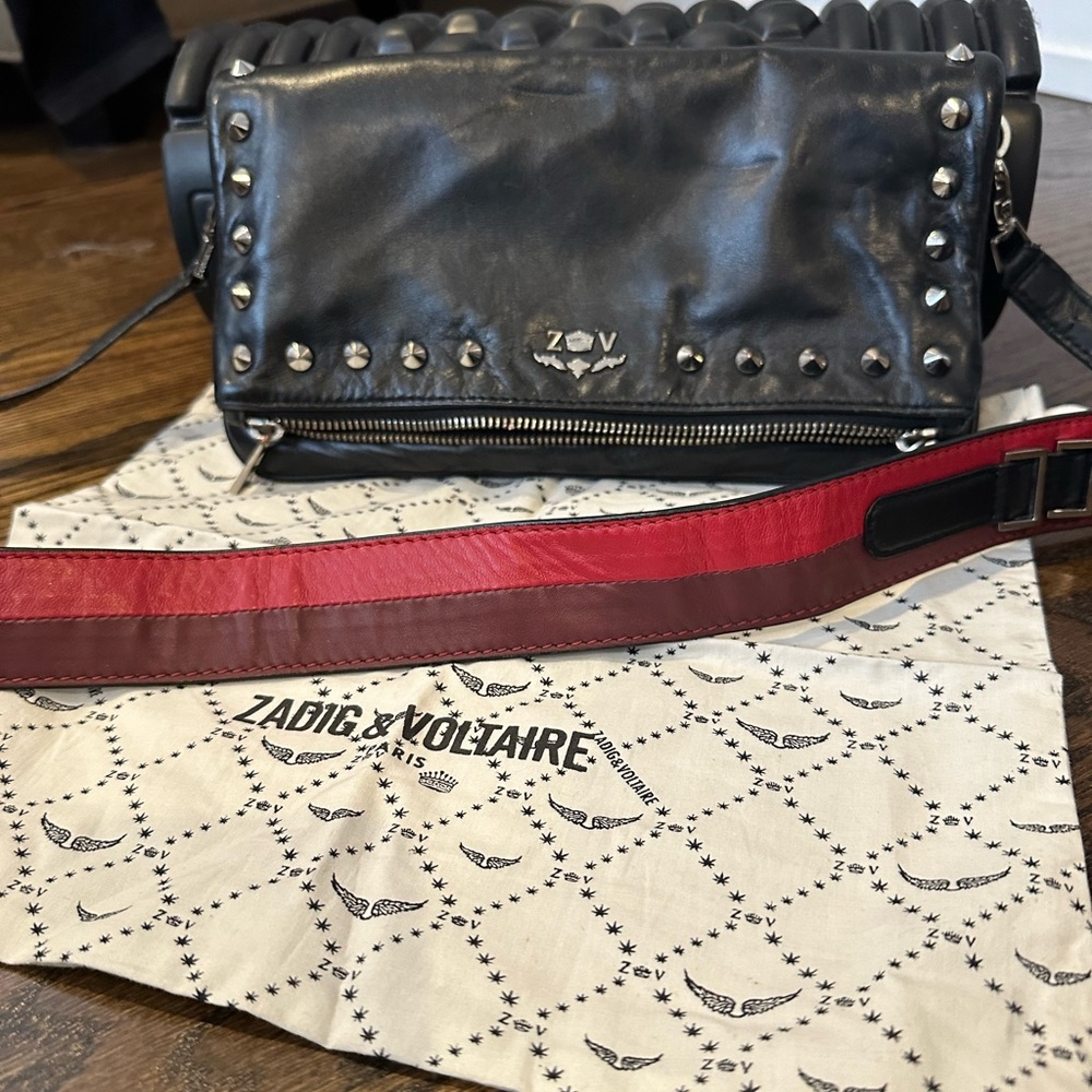 Zadig & Voltaire studded handbag with red striped strap